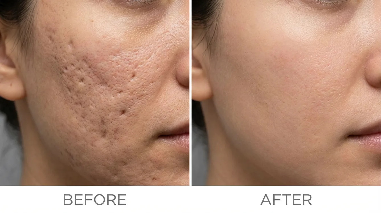 Fall Skincare Reset: Why Autumn is the Best Time for Laser Treatments in Toronto 4 Close-up comparison showing successful acne scar treatment results on a cheek, before and after procedure.