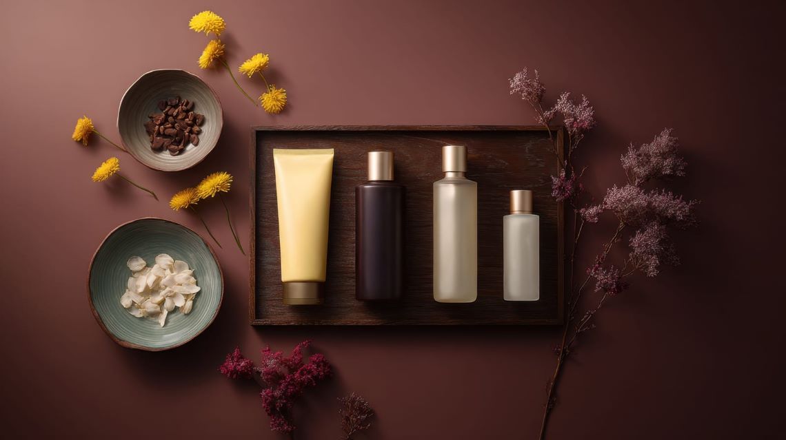 Clinical Natural Skincare Products on a wooden tray with botanical ingredients like cocoa beans, petals, and flowers for holistic beauty.