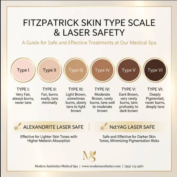 Is Laser Hair Removal Safe for All Skin Types in Toronto? 2 Chart showing the Fitzpatrick Skin Type Scale I-VI and laser safety recommendations to answer: Is Laser Hair Removal Safe for All Skin Types?