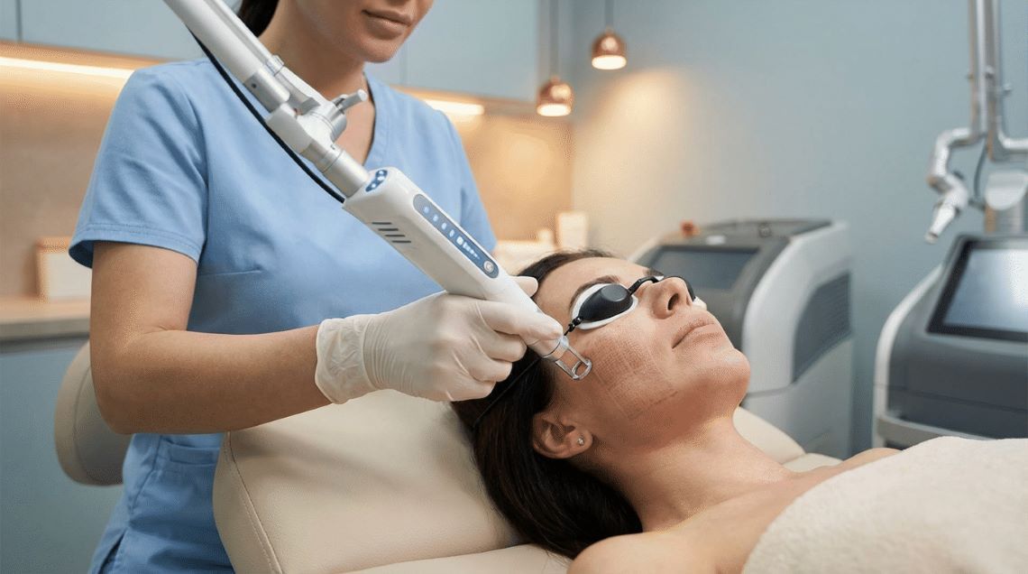 A technician performs a professional laser resurfacing treatment on a woman's cheek in a clinic setting.