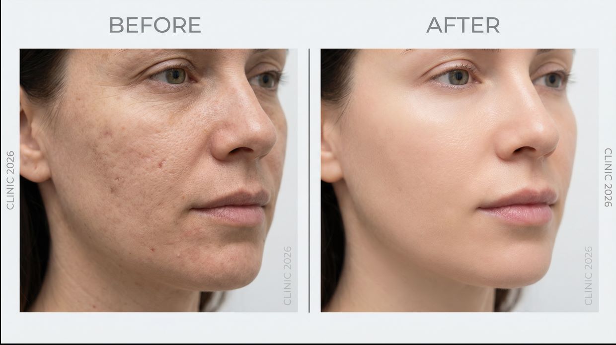 Close-up comparison showing dramatic skin texture improvement with microneedling before and after treatment