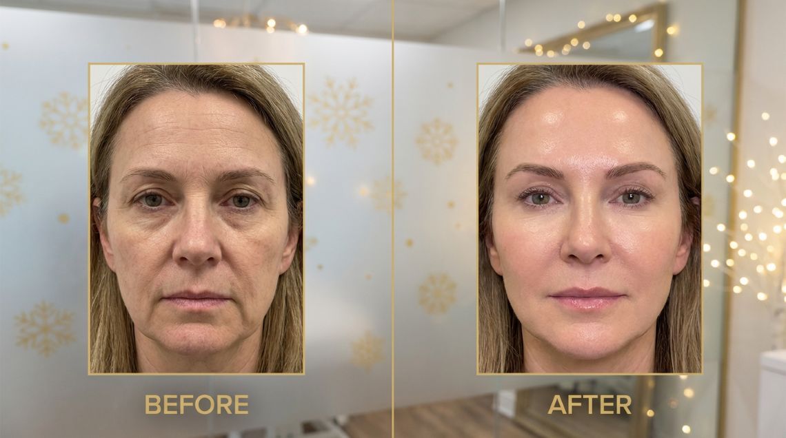 Morpheus8 Toronto - Look 10 Years Younger for Holiday Events 2 Morpheus8 before and after results Toronto showing significant reduction in wrinkles and improved skin texture on a middle-aged woman's face.