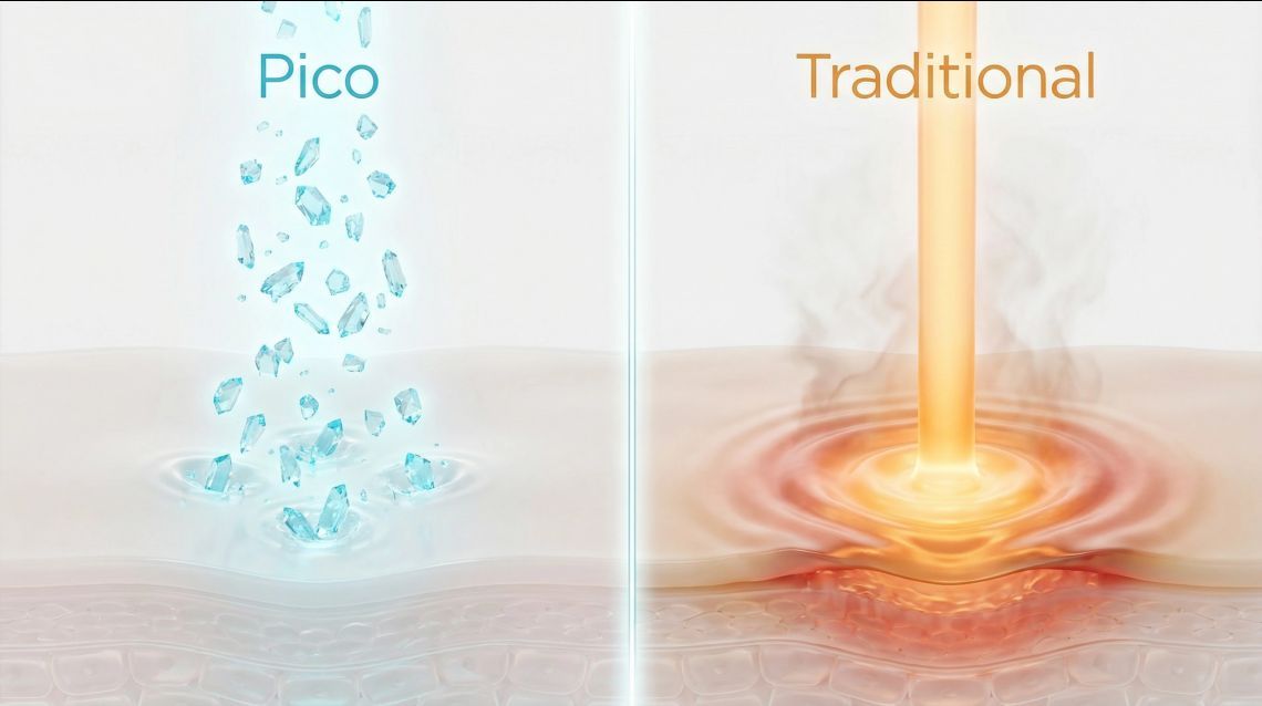3D illustration comparing Pico laser scattered crystalline pulses versus traditional laser continuous beam showing gentle skin treatment with minimal thermal damage