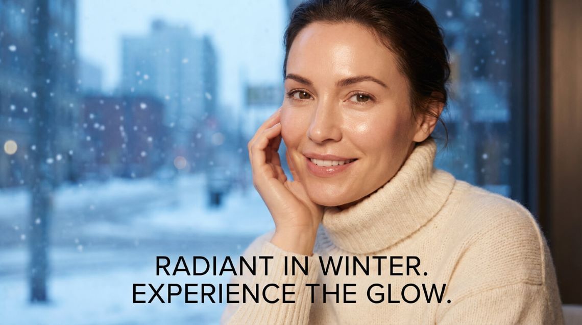 Smiling woman with glowing skin indoors during snowfall, promoting effective Winter Skincare